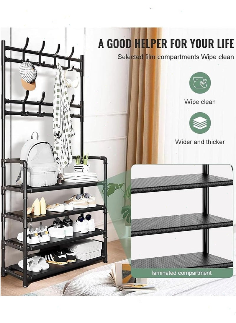 Topyich 4-Tier Coat Rack with Shoe Rack, 3 in 1 Shoe Organizer Cabinet Entryway with 8 Hooks, Stand Free Hall Trees Metal Pipes Shelf for Shoes Storage Clothing Hanger for Hats,Living Room,Bedroom-Black - Image 5