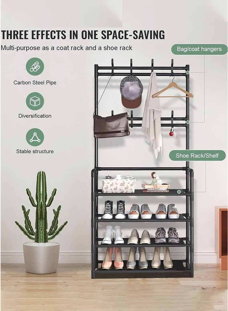 Topyich 4-Tier Coat Rack with Shoe Rack, 3 in 1 Shoe Organizer Cabinet Entryway with 8 Hooks, Stand Free Hall Trees Metal Pipes Shelf for Shoes Storage Clothing Hanger for Hats,Living Room,Bedroom-Black - Image 4
