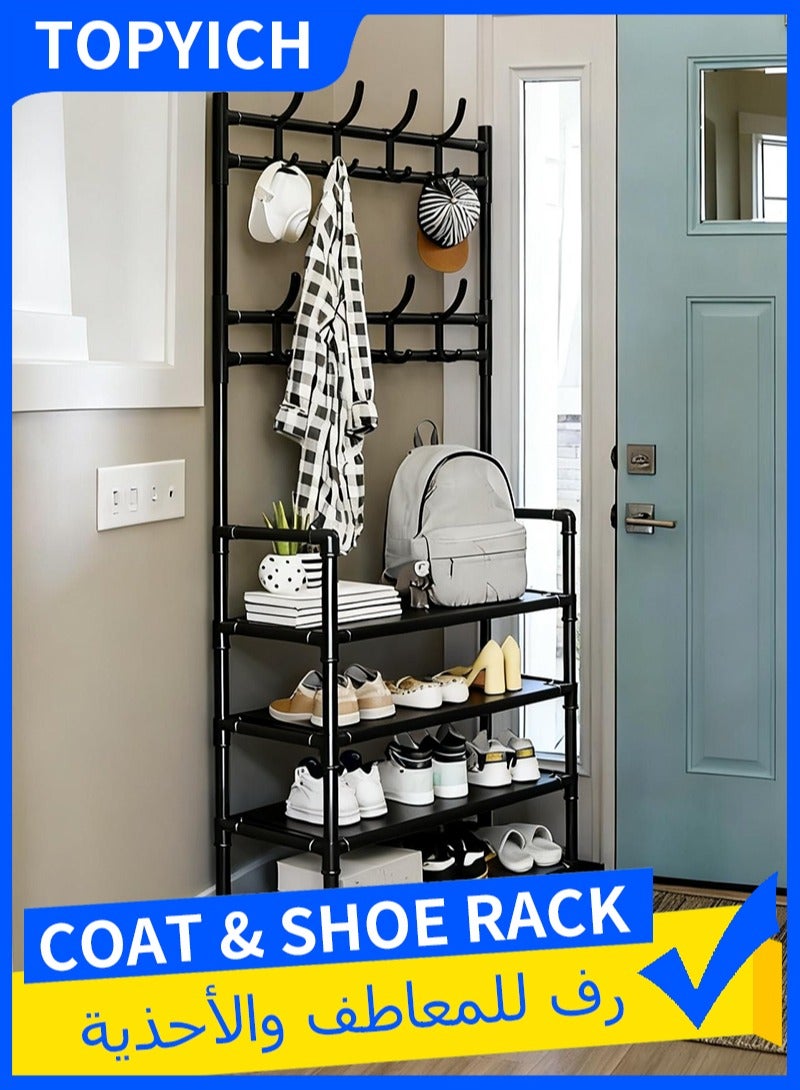 توبيتش رف معاطف ورف أحذية قائم بذاته من 4 طبقات - خزانة تنظيم أحذية 3 في 1 مع 8 خطافات، تخزين متعدد الوظائف للأحذية والملابس - Image 1