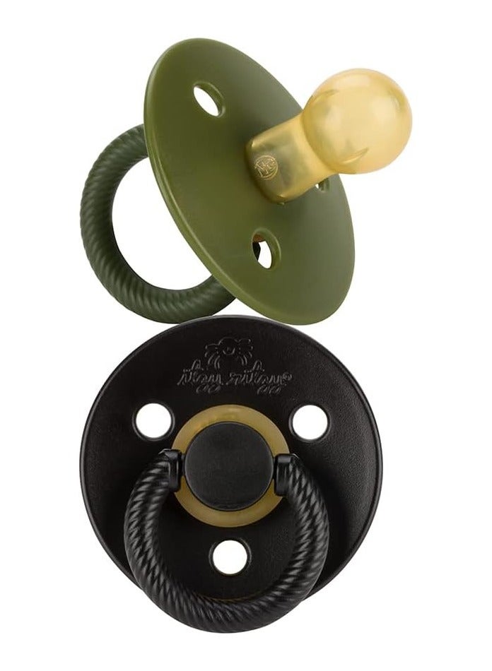 Itzy Ritzy Natural Rubber Newborn Pacifiers with Cherry-Shaped Nipple & Large Air Holes for Added Safety, Set of 2 in Camo & Midnight, Ages 0-6 Months