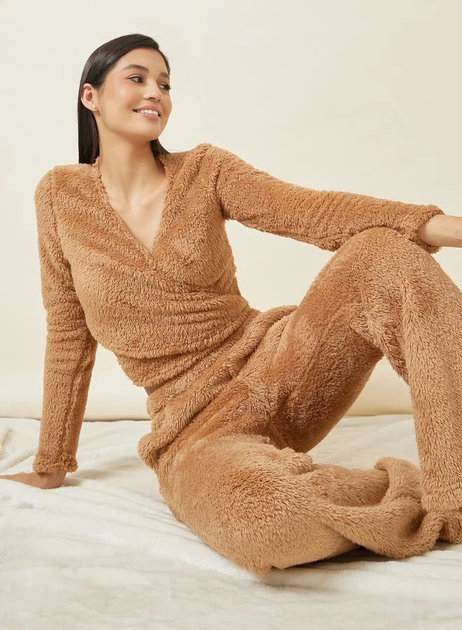 Styli Fleece Wrap Around Top & Trouser Lounge Set