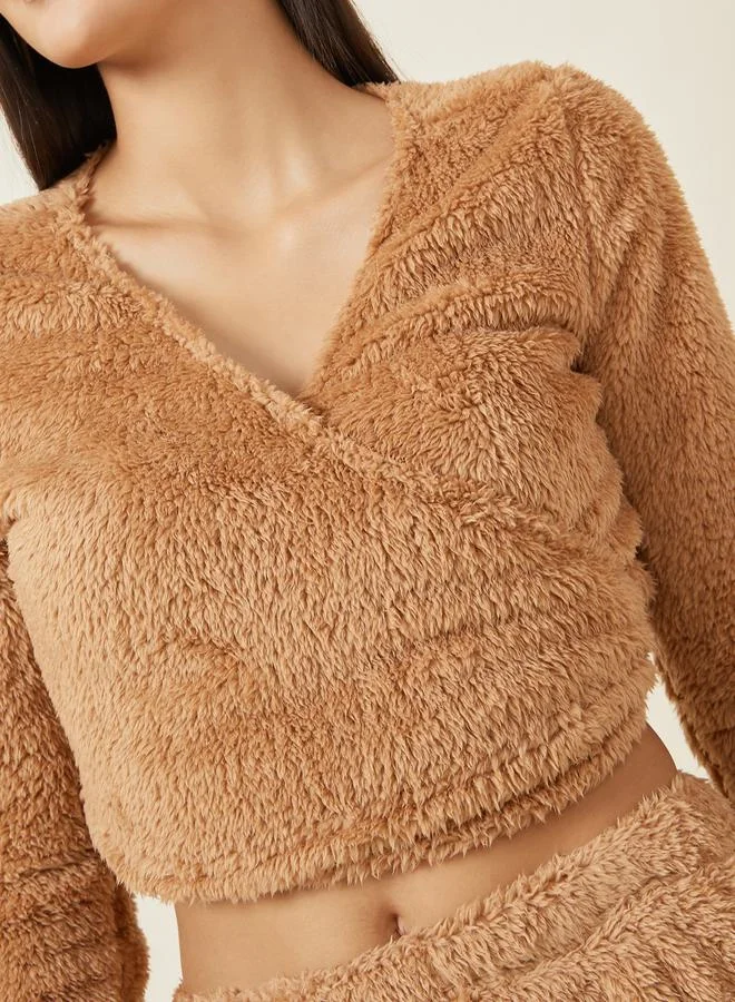 Styli Fleece Wrap Around Top & Trouser Lounge Set