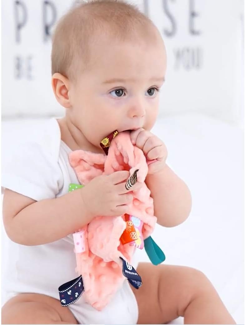 AnjeeIOT Baby Tags Security Blankets  Baby Soothing Plush Blanket with Colorful Tags 10x10 Square Sensory Toys Lovey for 3 Months Babies Boys and Girls Pink - Image 5