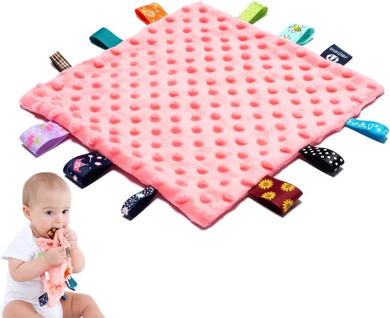 AnjeeIOT Baby Tags Security Blankets  Baby Soothing Plush Blanket with Colorful Tags 10x10 Square Sensory Toys Lovey for 3 Months Babies Boys and Girls Pink - Image 1