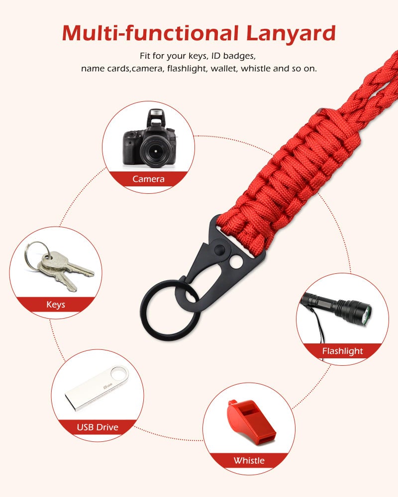 YETOOME Heavy Duty Neck Lanyard Keychain for Men Women Outdoor Survival, Parachute Rope Necklace Keychains with HK Clip Key Ring (Red) - Image 3