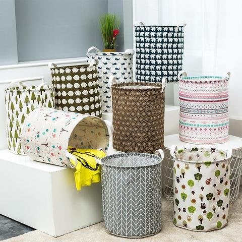 Homies International,Multipurpose European Style Round Shape Printed Foldable Open Laundry Storage Basket With Handle For Easy Carry.White(2 Pce) - Image 2