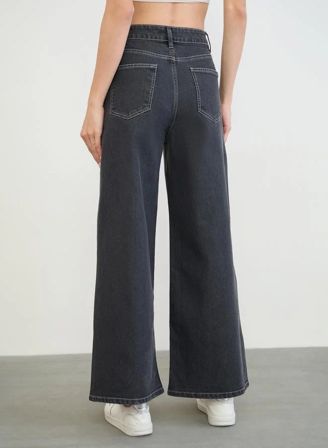 Styli Charcoal Women Wide Leg Basic Jeans for Women | Best Price UAE