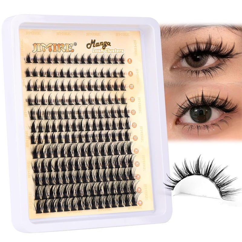JIMIRE Wispy Lash Clusters Extensions 180Pcs Anime Eyelash Clusters D Curl Manga Lashes Clusters Natural Look 8-16MM Cluster Eyelash Extensions Individual Lash Extension Pack