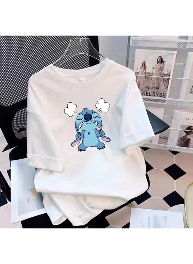 Summer pure cotton short sleeved Unisex T-shirt,210 gsm High Quality Oversized Heavy T-shirt for couple men and women Short Sleeve 100% pure cotton Digital printing T-shirt(White/Stitch)  - Image 1