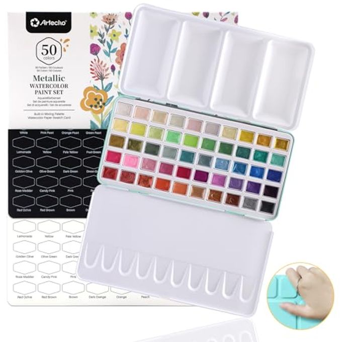 Artecho Metallic Watercolor Paints, 50 Glitter Watercolor Paint Set, Water Colors Paint Adult Set with Bottom Ring for Easy Holding, Ideal for Amateur Hobbyists, Painting Lovers and Artists - Image 4