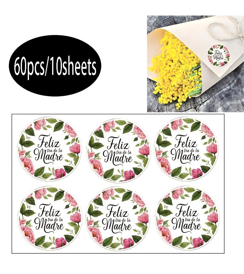 60pcs Feliz Dia De La Madre Rose Green Leaf Stickers For Gift Wrapping And Decoration - Image 1