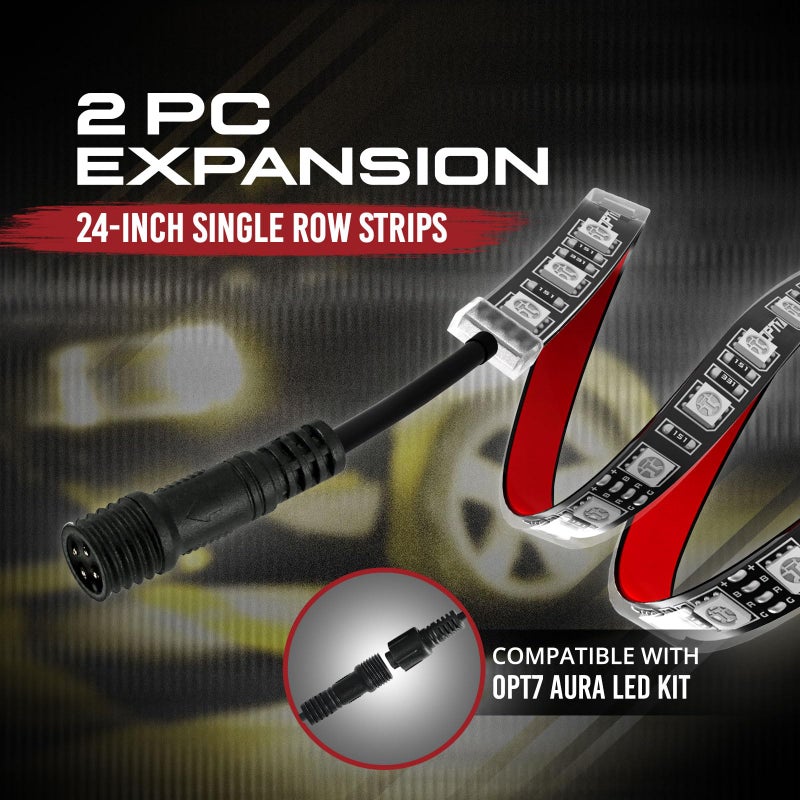 OPT7 Aura Single Row Expansion Pack - 2pc 24â€ RGB Multicolor LED Strips w/Splitters and Extension Wires for Interior, Wheel, Grille, Engine Bay, Golf Cart, Boat, Car, Truck, Van, SUV Decor Lighting - Image 2