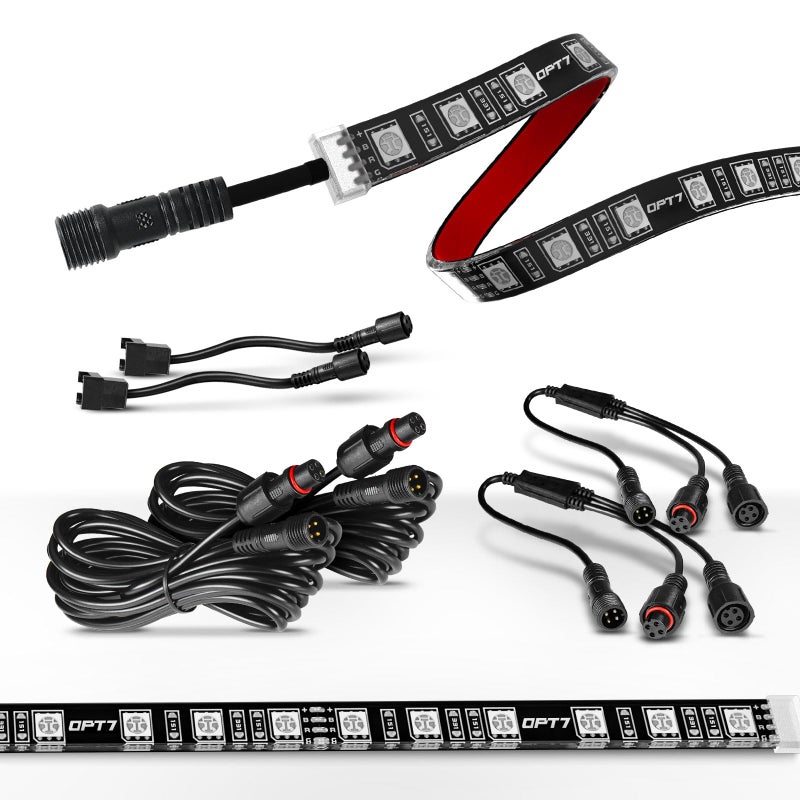 OPT7 Aura Single Row Expansion Pack - 2pc 24â€ RGB Multicolor LED Strips w/Splitters and Extension Wires for Interior, Wheel, Grille, Engine Bay, Golf Cart, Boat, Car, Truck, Van, SUV Decor Lighting - Image 1
