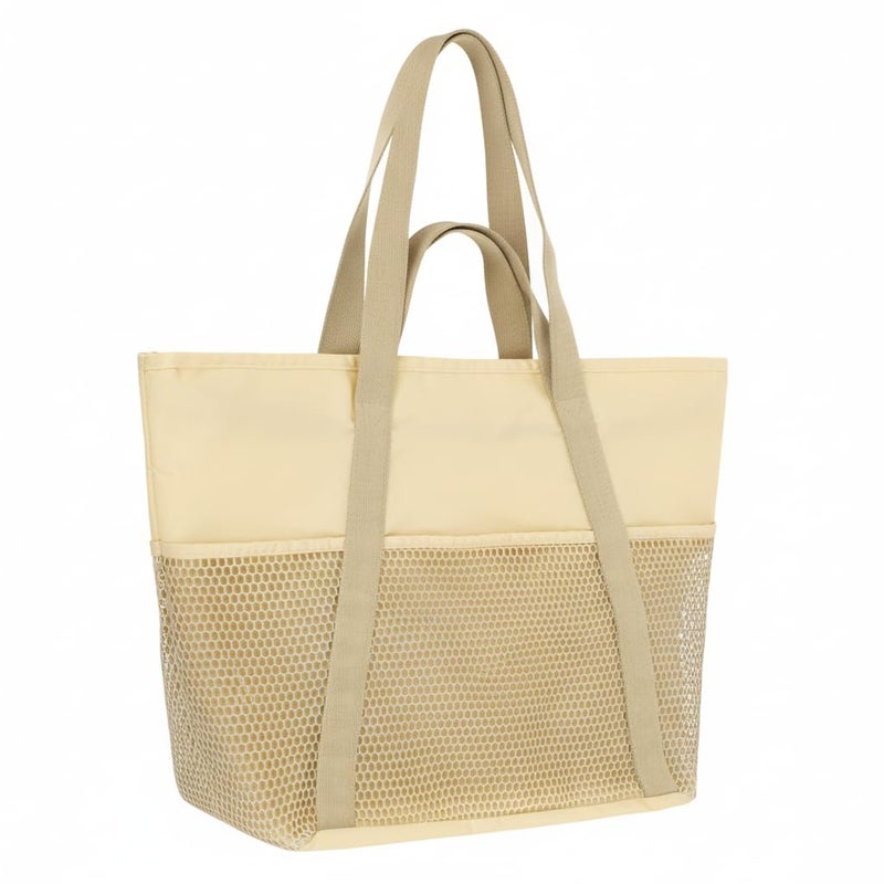 F-color Beach Bags Waterproof Sandproof - Soft Foldable Beach Tote for Women, Carry on Tote Bag with Zipper for Travel Pool Swim Gym Cruise Vacation Essentials, Beige (Light Yellow) - Image 1