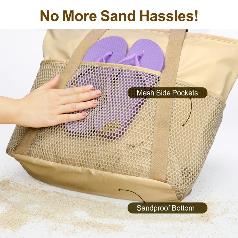 F-color Beach Bags Waterproof Sandproof - Soft Foldable Beach Tote for Women, Carry on Tote Bag with Zipper for Travel Pool Swim Gym Cruise Vacation Essentials, Beige (Light Yellow) - Image 4