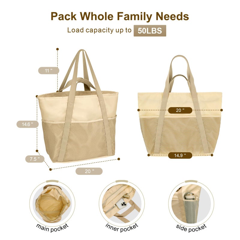 F-color Beach Bags Waterproof Sandproof - Soft Foldable Beach Tote for Women, Carry on Tote Bag with Zipper for Travel Pool Swim Gym Cruise Vacation Essentials, Beige (Light Yellow) - Image 3