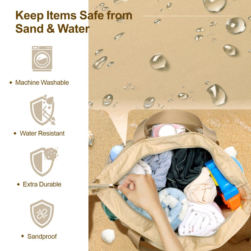 F-color Beach Bags Waterproof Sandproof - Soft Foldable Beach Tote for Women, Carry on Tote Bag with Zipper for Travel Pool Swim Gym Cruise Vacation Essentials, Beige (Light Yellow) - Image 5