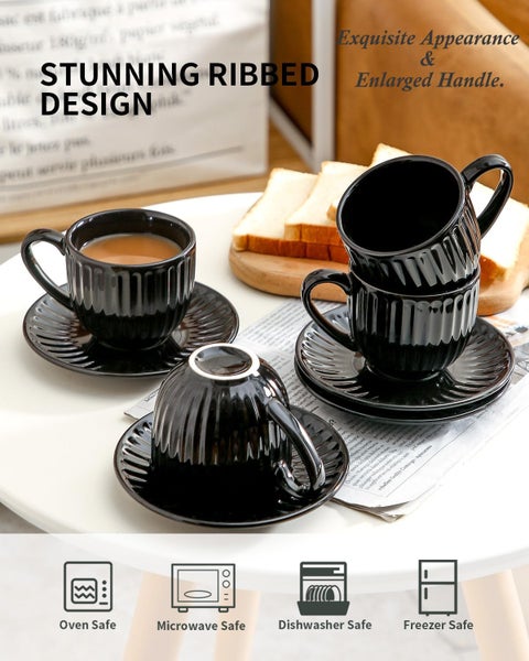 Hasense Hasense Ceramic Cappuccino Cups and Saucers 8 Oz Large Ribbed Coffee  Mugs Set of 4 for CoffeeTeaLatte and Macchiato Demitasse Cups Set Aesthetic  Gifty Black | Best Price Oman | Muscat, Seeb