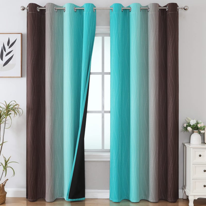 Estelar Textiler Full Room Darkening Gradient Blackout Curtains 96 Inch Length 2 Panels Set  Ombre Teal and Brown Thermal Insulated Full Light Blocking Grommet Blackout Drapes for Bedroom  52Wx96L - Image 1