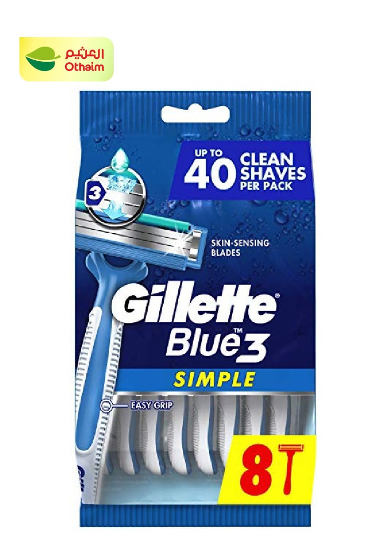 Gillette Blue Simple 3 Disposable Razors For Men, 8 Count