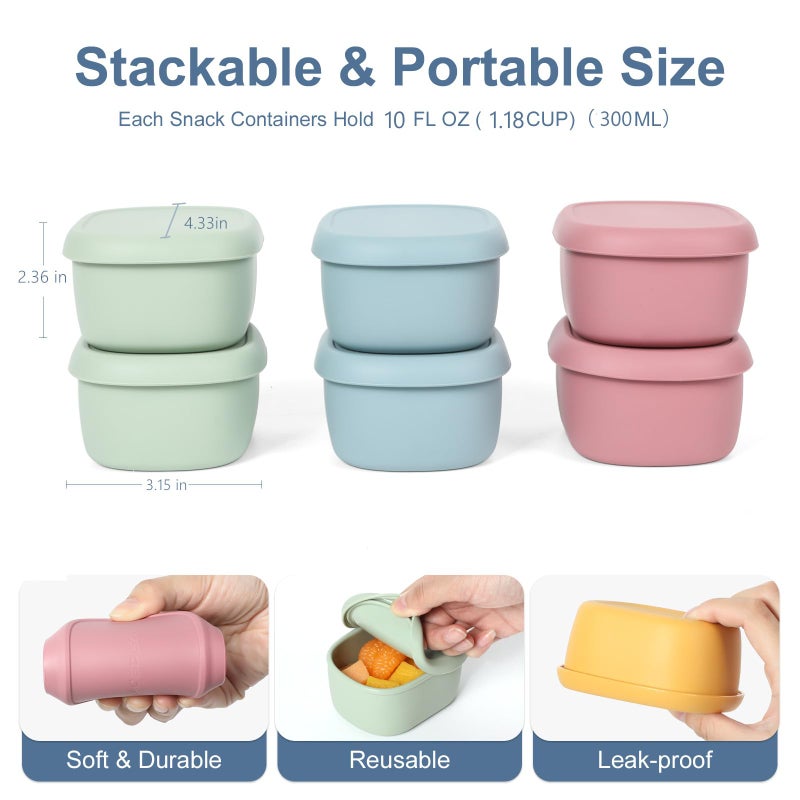 AOEDEO 6 pcs 10 oz Silicone Snack Containers for Kids Small Food Containers with Lids, Fruit Containers for Lunch, Stackable Lunch Containers for Kids, Daycare, School and Travel - Image 2