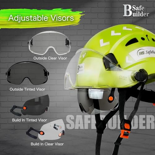 SAFEBUILDER Safety Helmet Hard Hat with Visor Adjustable Lightweight Vented Work Helmet for Men ANSI Z89.1 Approved Industrial & Construction (Fluorescent Green Helmet with Clear & Tinted Visor) - Image 4