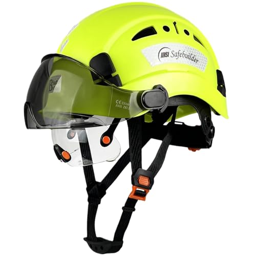 SAFEBUILDER Safety Helmet Hard Hat with Visor Adjustable Lightweight Vented Work Helmet for Men ANSI Z89.1 Approved Industrial & Construction (Fluorescent Green Helmet with Clear & Tinted Visor) - Image 1