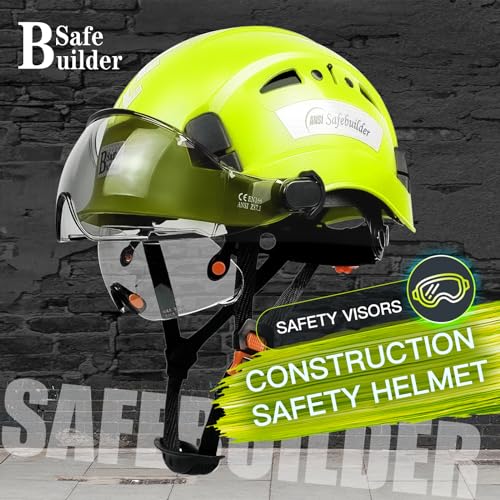 SAFEBUILDER Safety Helmet Hard Hat with Visor Adjustable Lightweight Vented Work Helmet for Men ANSI Z89.1 Approved Industrial & Construction (Fluorescent Green Helmet with Clear & Tinted Visor) - Image 3