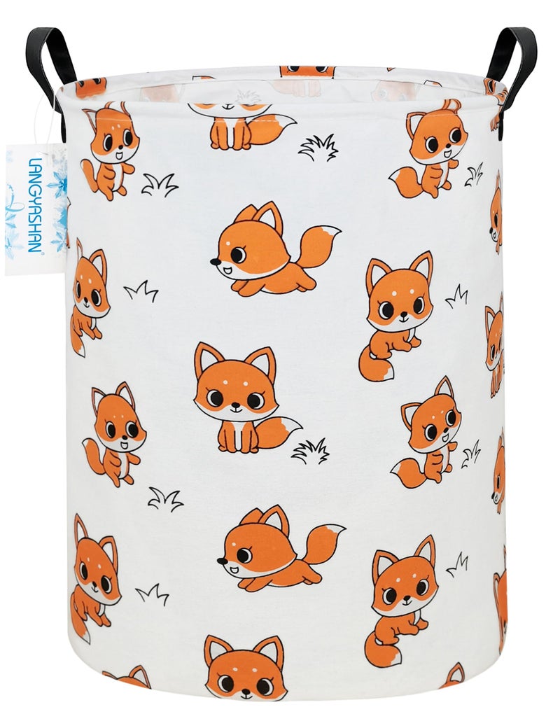 LANGYASHAN Laundry Basket Canvas Fabric Collapsible Organizer Basket for Storage Bin Toy Bins Gift Baskets Bedroom Clothes Children Nursery Hamper (Round Fox) - Image 1