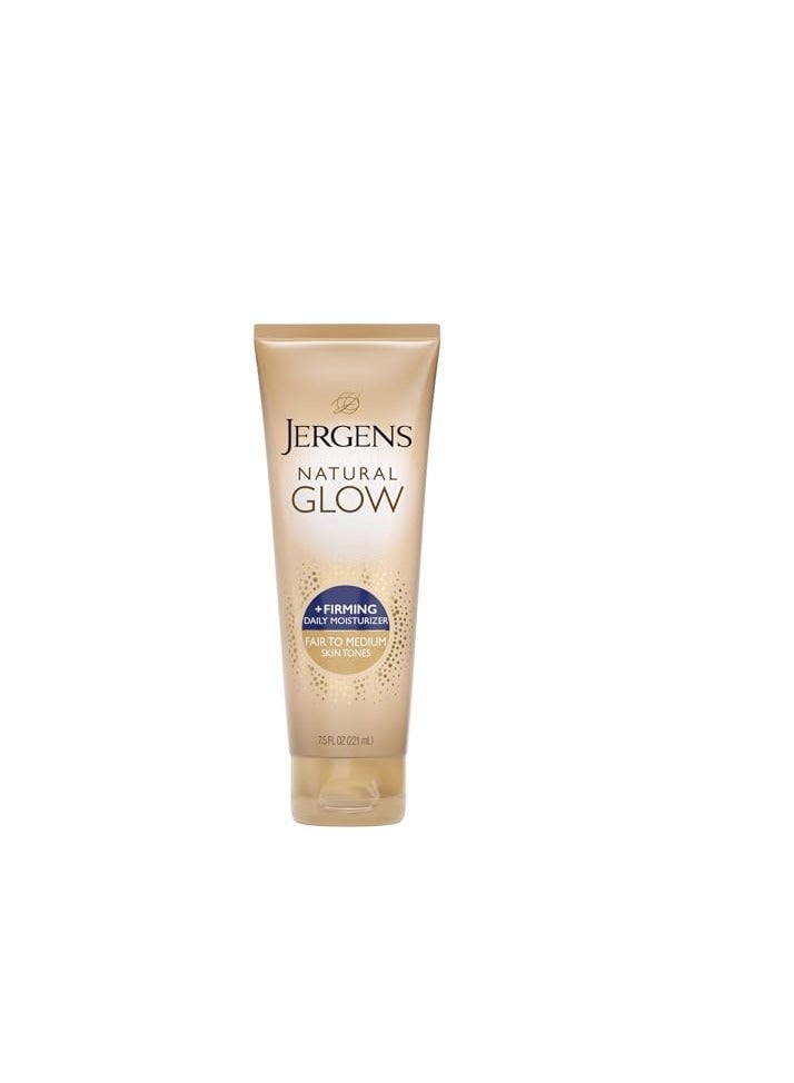 Jergens مستحضر تسمير ذاتي من جيرجنز Natural Glow +FIRMING، لوشن تسمير بدون التعرض لأشعة الشمس للبشرة الفاتحة إلى المتوسطة، لوشن شد الجسم المضاد للسيلوليت للحصول على سمرة طبيعية المظهر، 7.5 أونصة - Image 1