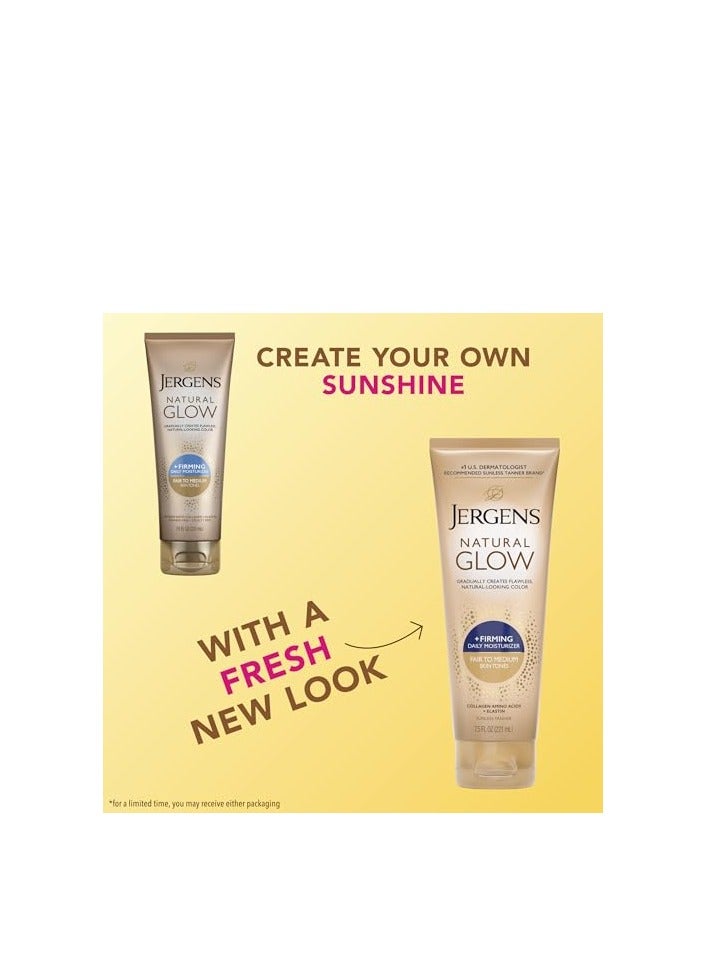 Jergens مستحضر تسمير ذاتي من جيرجنز Natural Glow +FIRMING، لوشن تسمير بدون التعرض لأشعة الشمس للبشرة الفاتحة إلى المتوسطة، لوشن شد الجسم المضاد للسيلوليت للحصول على سمرة طبيعية المظهر، 7.5 أونصة - Image 2