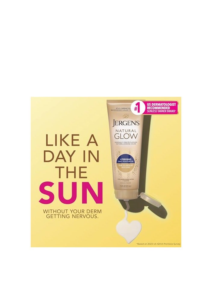 Jergens مستحضر تسمير ذاتي من جيرجنز Natural Glow +FIRMING، لوشن تسمير بدون التعرض لأشعة الشمس للبشرة الفاتحة إلى المتوسطة، لوشن شد الجسم المضاد للسيلوليت للحصول على سمرة طبيعية المظهر، 7.5 أونصة - Image 3