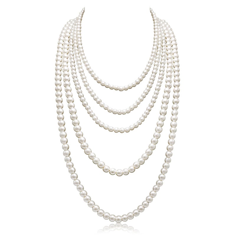 Aisansty Golden Long Pearl Necklace for Women Layered Faux Pearl Strand Necklace Costume Jewelry, 69",Diameter Pearl 8MM - Image 1