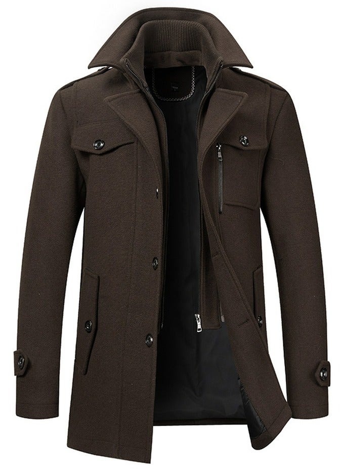 Loquat Men's Double Collar Wool Blend Coat Winter Trench Coat With Detachable Soft Scarf Jacket Brown  - Image 1