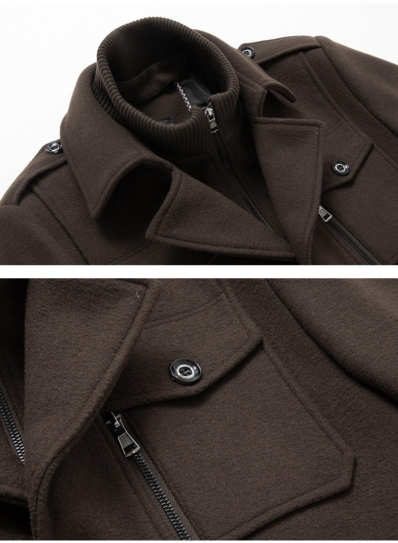 Loquat Men's Double Collar Wool Blend Coat Winter Trench Coat With Detachable Soft Scarf Jacket Brown  - Image 3