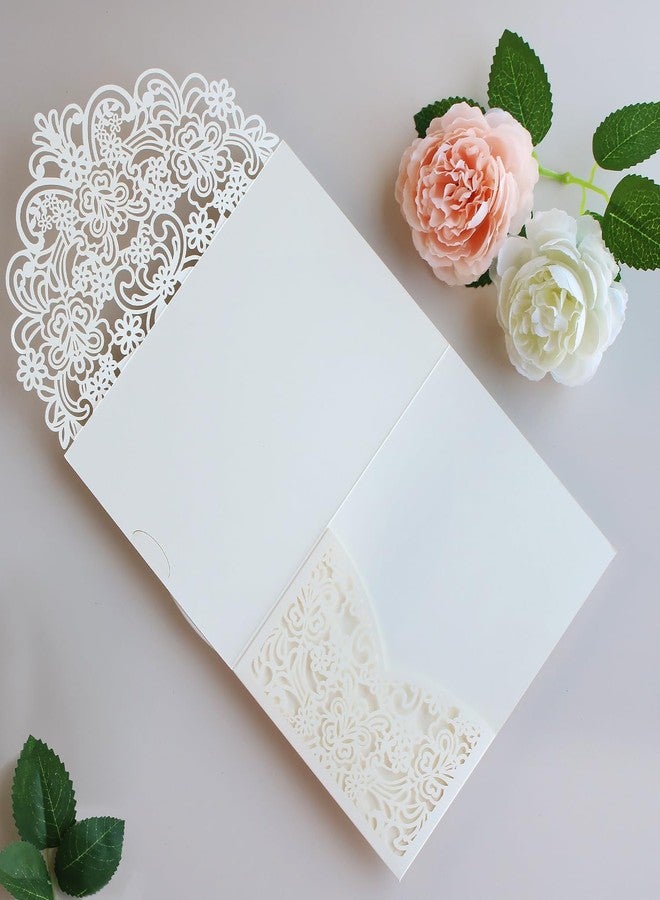 Hosmsua 50PCS Ivory Laser Cut Wedding Invitations, 5.12 x 7.2 Laser Cut Invitation Pockets with Envelopes for Wedding Bridal Shower Quinceanera Invitations (No Inner Sheet) - Image 2