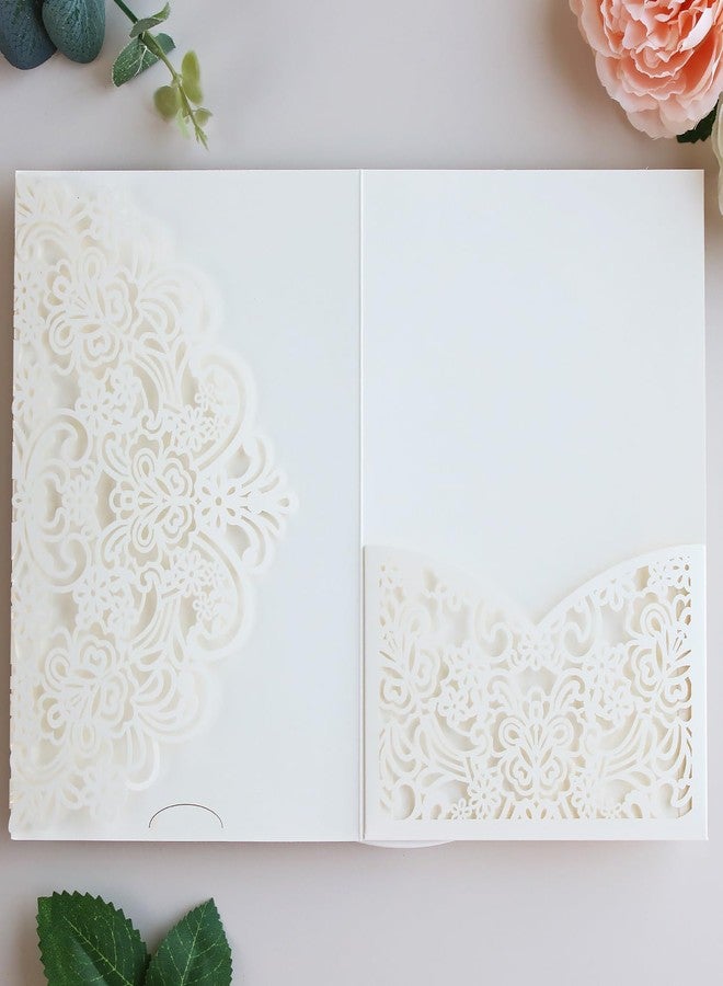 Hosmsua 50PCS Ivory Laser Cut Wedding Invitations, 5.12 x 7.2 Laser Cut Invitation Pockets with Envelopes for Wedding Bridal Shower Quinceanera Invitations (No Inner Sheet) - Image 1