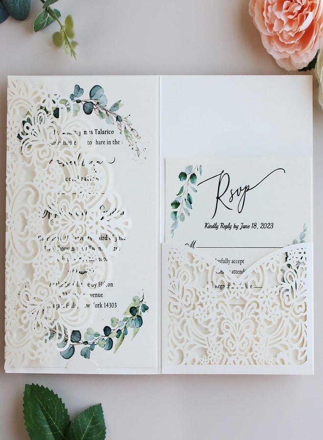 Hosmsua 50PCS Ivory Laser Cut Wedding Invitations, 5.12 x 7.2 Laser Cut Invitation Pockets with Envelopes for Wedding Bridal Shower Quinceanera Invitations (No Inner Sheet) - Image 4