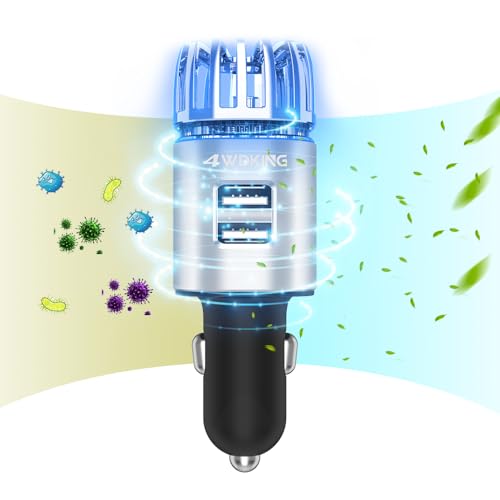 4WDKING Car Air Purifier Ionizer, 12V Plug-in Car Air Freshener Gadgets with Dual USB Charger Removes Cigarette Smoke, Pet and Food Odor, Ionic Ozone (Silver) - Image 1