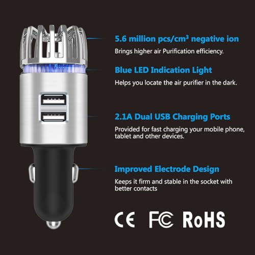 4WDKING Car Air Purifier Ionizer, 12V Plug-in Car Air Freshener Gadgets with Dual USB Charger Removes Cigarette Smoke, Pet and Food Odor, Ionic Ozone (Silver) - Image 2