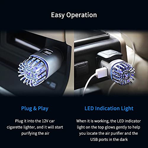 4WDKING Car Air Purifier Ionizer, 12V Plug-in Car Air Freshener Gadgets with Dual USB Charger Removes Cigarette Smoke, Pet and Food Odor, Ionic Ozone (Silver) - Image 4