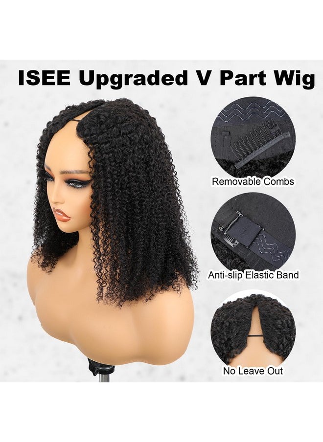 ISEE ISEE V Part Wig Human Hair Afro Curly Minimal/No Leave Out Upgrade U Part Wig for Black Women Human Hair V Shape Wig Kinky Curly Thin Part Glueless Clip In Half Wig 180% Density Natural Color 16 Inch  - Image 2