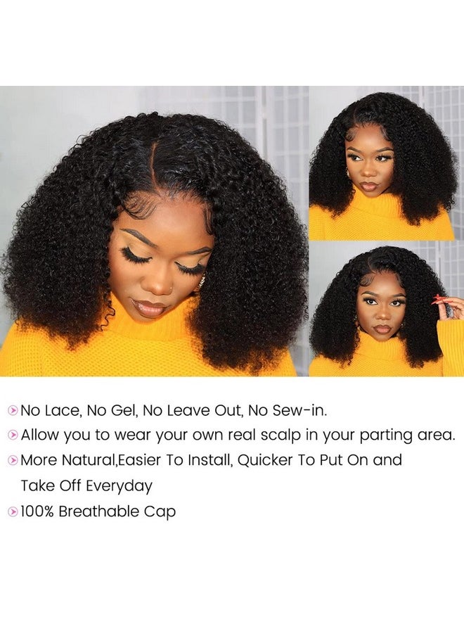 ISEE ISEE V Part Wig Human Hair Afro Curly Minimal/No Leave Out Upgrade U Part Wig for Black Women Human Hair V Shape Wig Kinky Curly Thin Part Glueless Clip In Half Wig 180% Density Natural Color 16 Inch  - Image 4