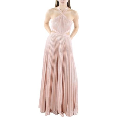 BCBGMAXAZRIA Women's Fit and Flare Sleeveless Floor Length Evening Dress Halter Neck Cut Outs, Pink, 12 - Image 1