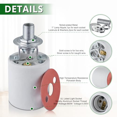 EMNOOTI E26 Light Socket,Standard Medimun Screw Bulb Socket Lamp Holder,Porcelain Light Socket with Screw Fixing for E26 Halogen Incandescent LED Light Bulb - Image 5