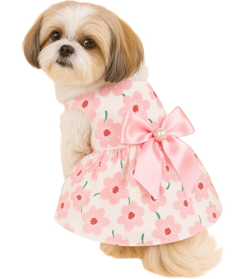 KUTKUT Small Girl Dog & Cat Floral Dress with Lovely Bow Pet Apparel | Puppy Summer Dress Birthday Pet Apparel Dresses | Frock Dresses for Shihtzu, Pug, Lhasa Apso etc (Size: XL, Bust: 50cm) - Image 1