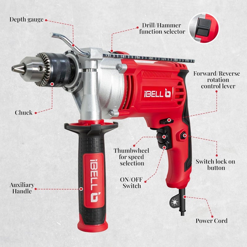 iBELL Industrial Impact Drill ID13-30,1100W, Copper Armature, Chuck 13mm manual, 0-3000 RPM, 2 mode selector, Forward/Reverse with variable speed - Image 2