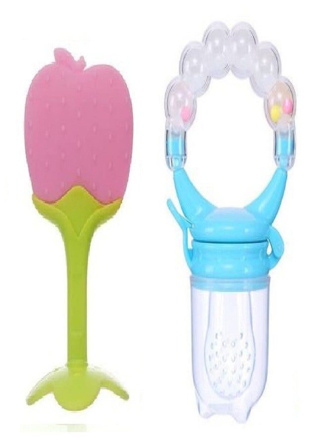 Lappu Fruit Shape Silicone Teether with Baby Fruit Nibbler Pacifier for Baby (Combo Saver Pack of 2) (Apple & Blue Pacifier) - Image 1