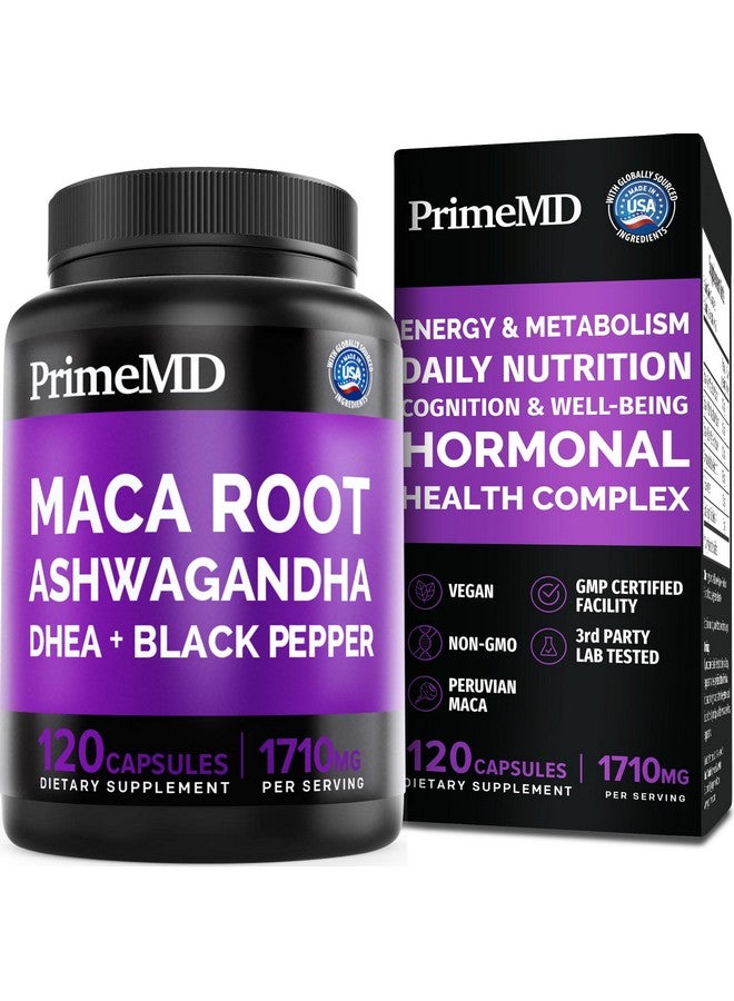PrimeMD 6-in-1 Organic Maca Root Ashwagandha Capsules 1710mg with DHEA and Black Pepper Fruit Extract for Women and Men - Black Maca Supplement for Stamina, Bone and Mood Support Supplement, 120 count - Image 1