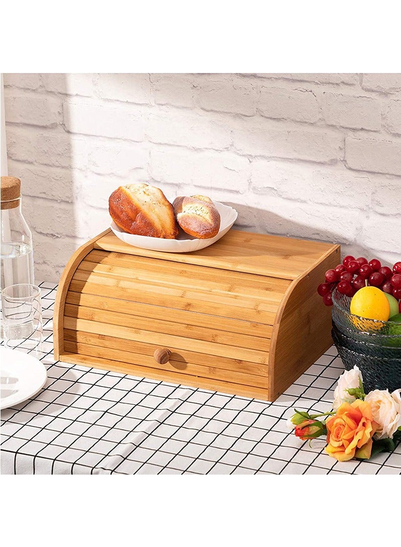 Bamboo Bread Box for Kitchen Countertop, Large Wooden Food Keeper W/Rolling Lid, Vintage Storage Bin for Bagels, Muffins, Cupcakes